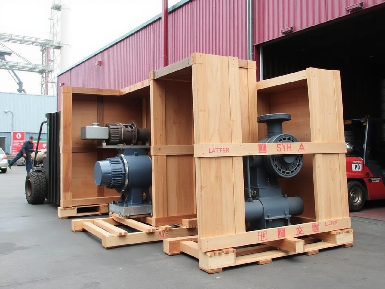 Custom wooden crates and heavy-duty industrial skids holding machinery at a loading dock