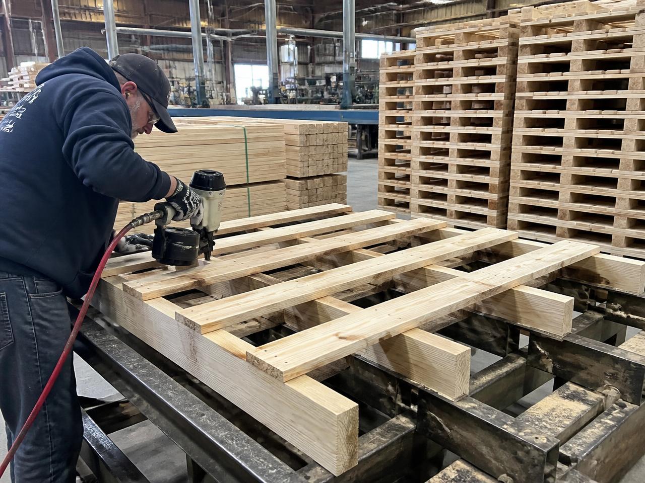 New wooden pallet being assembled with a pneumatic nailer from fresh cut lumber in a pallet shop